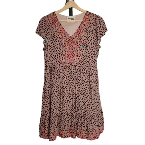 Savanna Jane Peasant Dress Women Small Pink Embroidered Leopard Print Bohemian - Picture 1 of 10